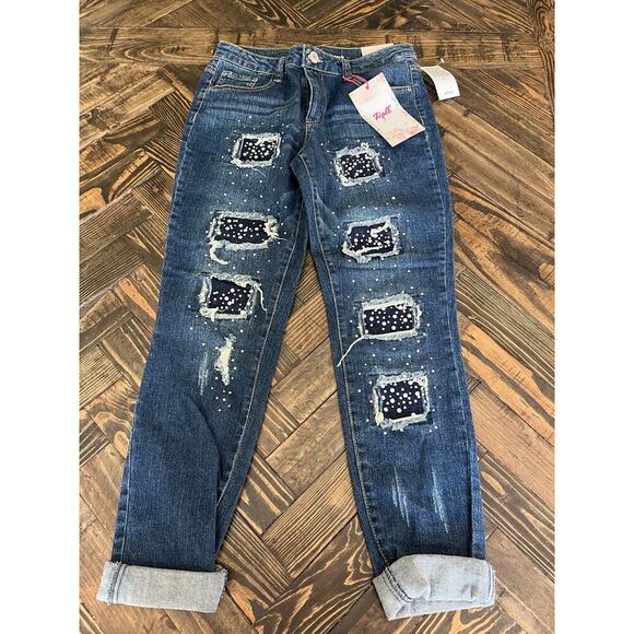 Almost Famous Denim - NWT Almost Famous Mid Rise Roll Up Jeans Women 9 Blue Denim Distressed Raw Hem